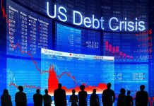 People looking at financial charts displaying US debt crisis.