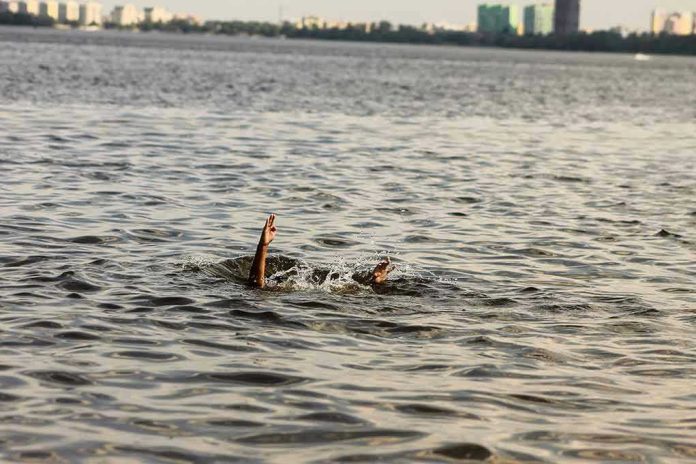 Persons hand reaching out from the water.