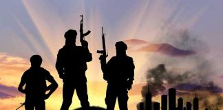 Taliban’s SHOCKING Public Execution Sparks Global Outrage Three armed silhouettes near a smoky city skyline.