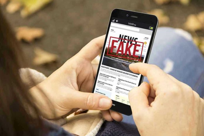 Person holding smartphone displaying fake news notification.