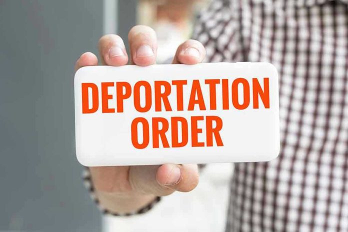 Hand holding sign with Deportation Order text.