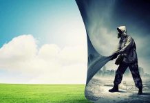 The Climate Fight Just Shifted Generations A person in a gas mask pulling back a curtain revealing a polluted cityscape