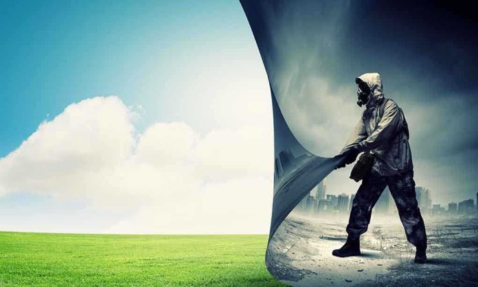 A person in a gas mask pulling back a curtain revealing a polluted cityscape