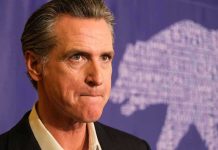Resurfaced Clip IGNITES Newsom Culture War Man in suit, solemn expression, purple background with bear drawing.