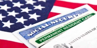 Social Security card and Permanent Resident card on an American flag background