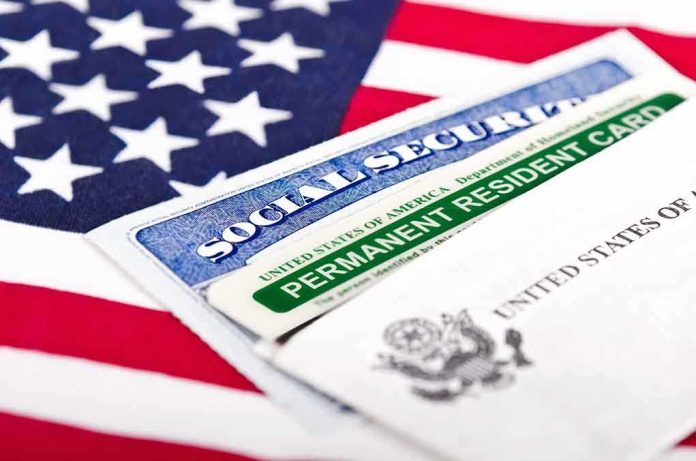 Social Security card and Permanent Resident card on an American flag background