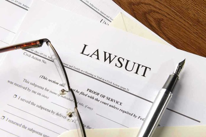 334984952 Lawsuit papers with glasses and pen on table.