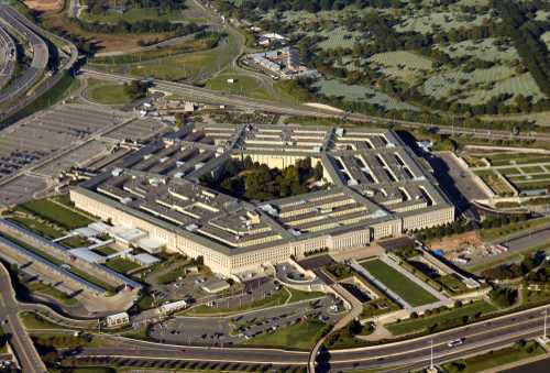 shutterstock_1210283029 Aerial view of the Pentagon building surrounded by roads and greenery