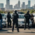 Police officers in tactical gear conducting an arrest in a parking lot