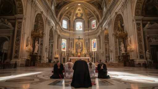 Individuals kneeling in prayer inside a grand cathedral