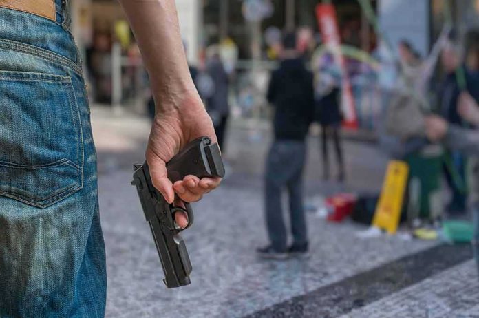 shutterstock_488873638 person holding a handgun in a public square