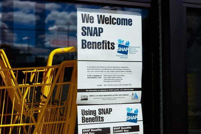 Store window with SNAP benefits signs and yellow shopping carts
