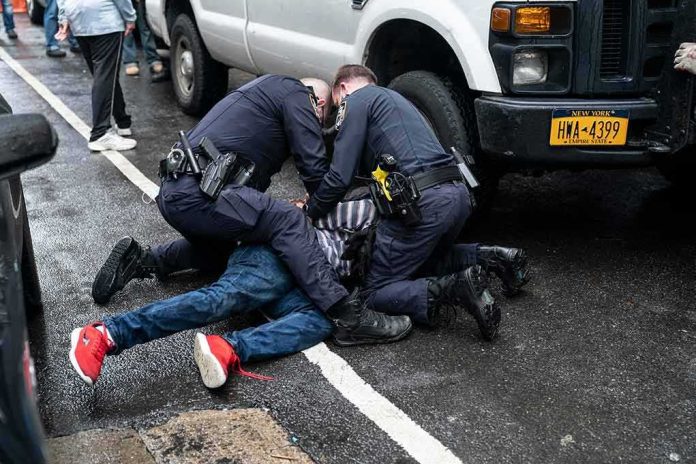 shutterstock_1832993629 Police officers restraining a person on a wet city street beside a truck