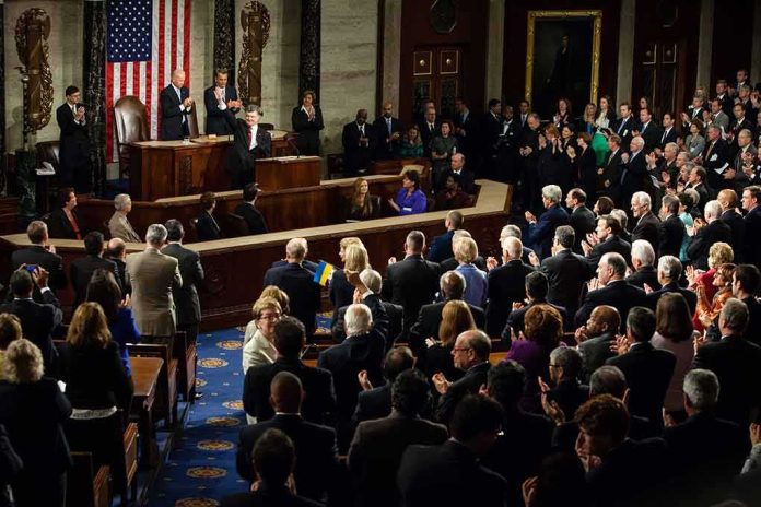 shutterstock_218485894 Legislators give a standing ovation in a grand chamber