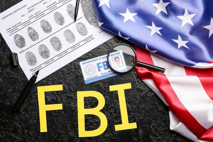shutterstock_2202034347 FBI letters with fingerprint sheet, badge, magnifying glass, and US flag