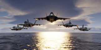 Navy Hands Boeing $20 BILLION for THIS Five jets flying low over the ocean at sunset.