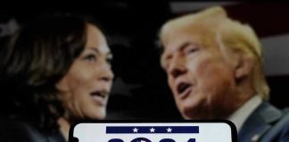 Kamala Harris and Donald Trump with a 2024 presidential election graphic in foreground