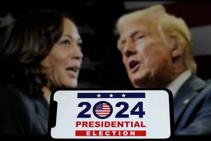 2493580287 Kamala Harris and Donald Trump with a 2024 presidential election graphic in foreground