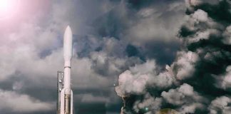 Rocket launches through dense clouds