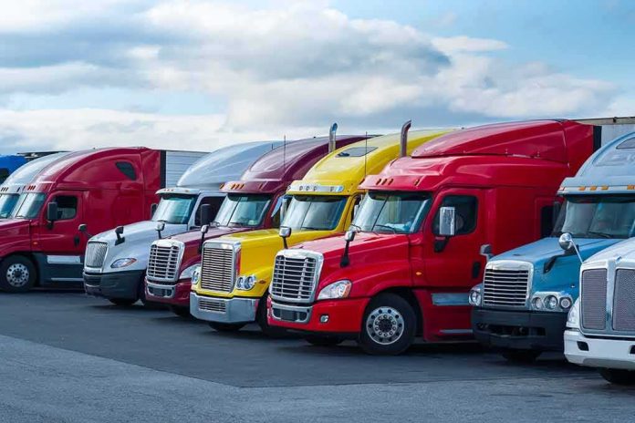 shutterstock_1064951540 Row of colorful semi-trucks parked in a lot