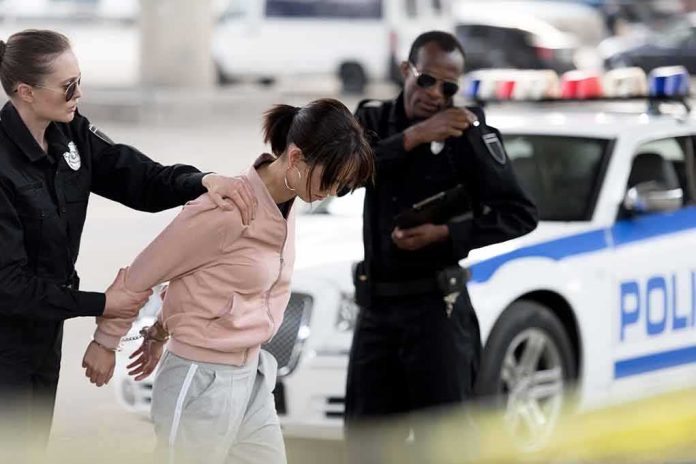 Police officers detain a woman beside a patrol car