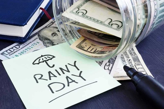 Rainy day savings jar spilling cash and note