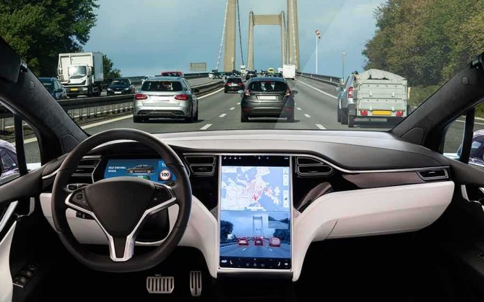 Self-driving car interior on a busy bridge highway