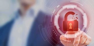 Hand touching holographic broken padlock icon