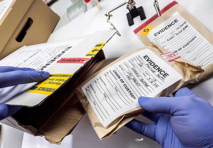 shutterstock_1400793416-1 Gloved hands handling labeled evidence bags and boxes