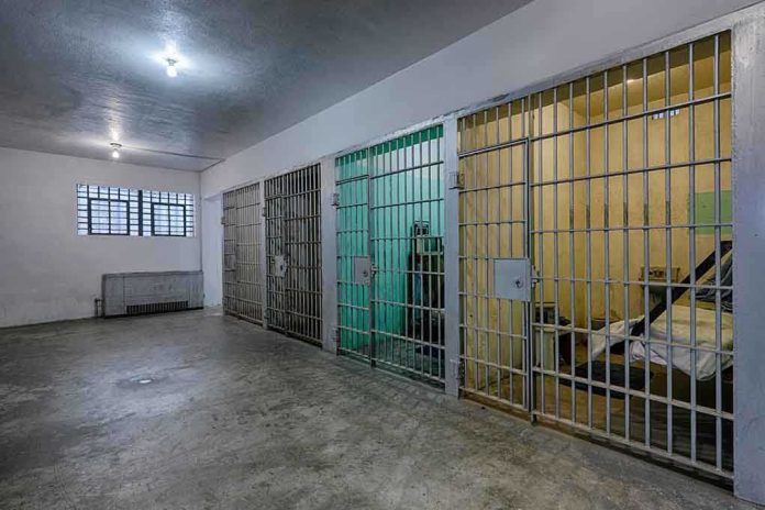 shutterstock_154636196 Interior view of a prison cell block with metal bars and concrete flooring