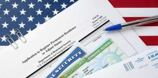 Rubio Goes After a Little Known U.S. Visa Business immigration forms with green card and social security card on US flag background
