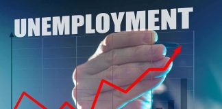 Hand drawing rising red line on unemployment chart