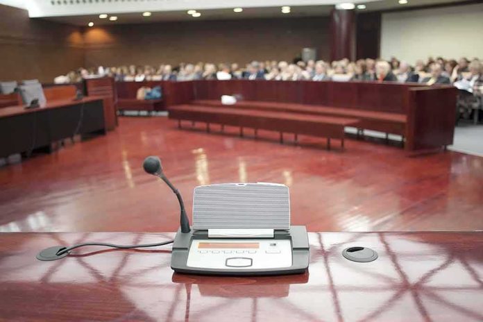 shutterstock_184839521 Conference microphone on a podium in a courtroom