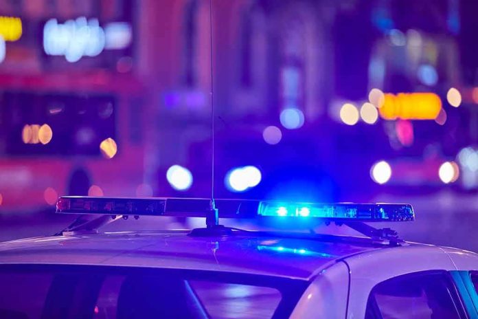 shutterstock_1930594199 police car roof with flashing blue lights at night