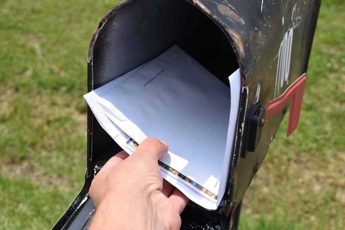 shutterstock_2318351967 Hand retrieving mail from an open rural mailbox