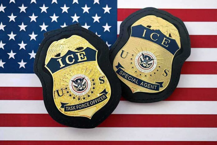 shutterstock_2825559391-1 ICE badges on an American flag background