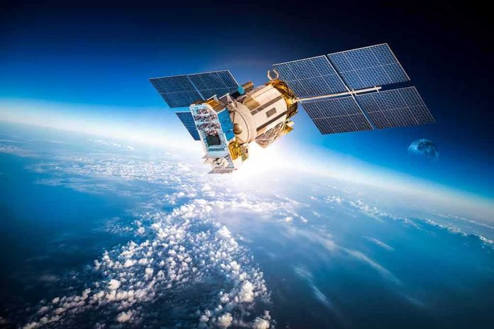 Satellite with solar panels orbiting above Earth