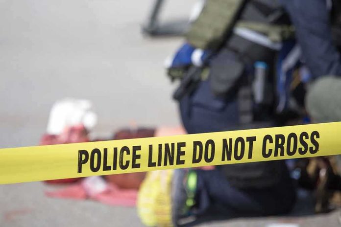 Police tape blocks access at an active scene