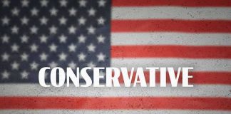 American flag background with bold text overlay