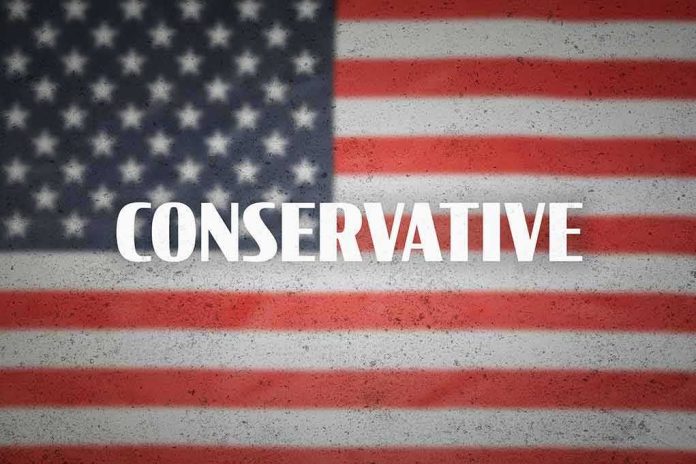 American flag background with bold text overlay