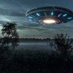 UFO hovers over misty forest at night