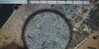 Mayor’s Gaza Remarks Called ANTISEMITIC Magnifying glass highlighting Gaza on a digital map