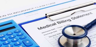 Democrat Senate Hopeful SHRUGS Off Long MRI Waits Medical billing statement with stethoscope and blue calculator