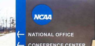 NCAA Female Athlete Fight Hits a Courtroom WALL NCAA sign at facility entrance