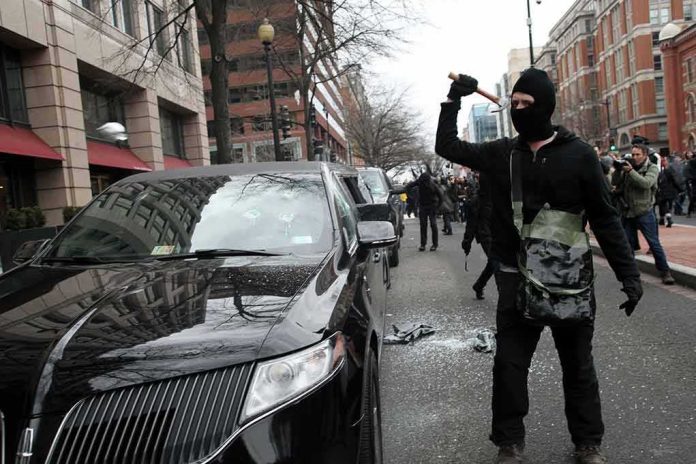 Masked protester raises tool to strike black car on city street